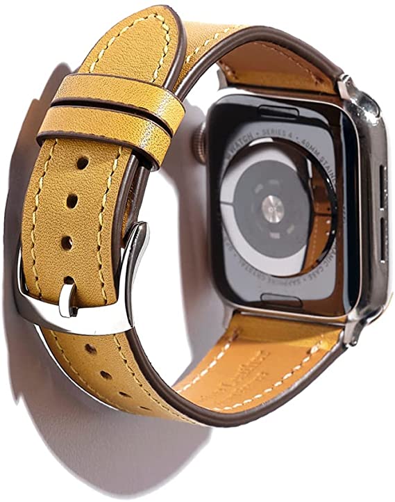 SONAMU New York New Barenia Leather Band Compatible with Apple Watch 38mm to 45mm, Premium Leather Strap Square Buckle Compatible with iWatch Series 7 6 5 4 3 2 1 (Golden Yellow, 45mm/44mm/42mm)
