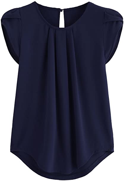 Milumia Women's Casual Round Neck Basic Pleated Top Cap Sleeve Curved Keyhole Back Blouse