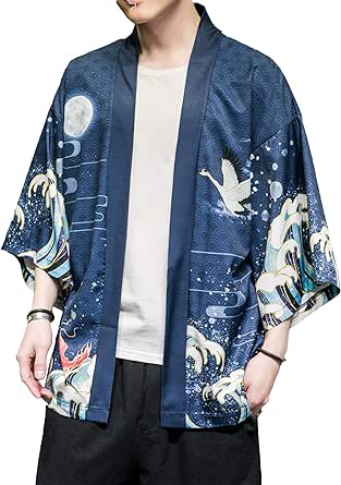 Men's Japanese Kimono Cardigan Jackets Casual Long Sleeve Open Front Coat Lightweight Yukata Outwear