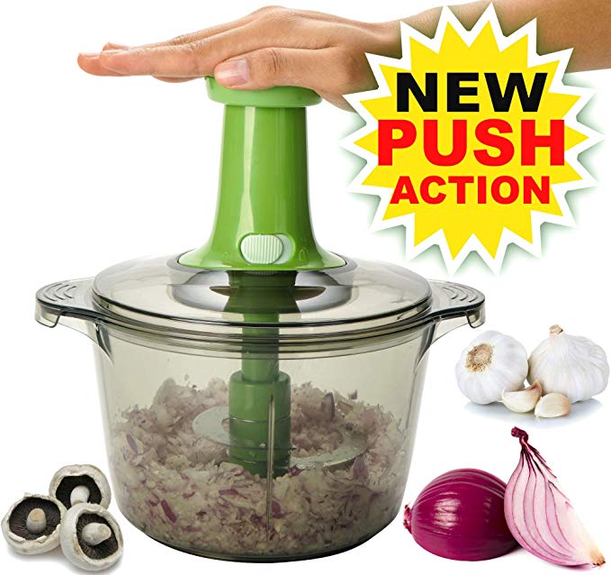 Brieftons Express Food Chopper: Large 8.5-Cup, Quick & Powerful Manual Hand Held Chopper to Chop & Cut Fruits, Vegetables, Herbs, Onions for Salsa, Salad, Pesto, Hummus, Guacamole, Coleslaw, Puree
