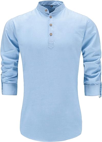 Mens Henley Shirts Long Sleeve Mandarin Collar Popover Shirts