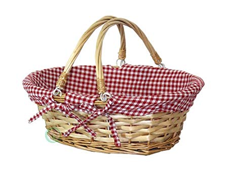 Vintiquewise(TM) Oval Willow Basket with Red White Plaid Lining and Handles