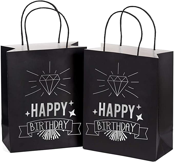 WRAPAHOLIC Medium Size Gift Bags - Silver Foil"Happy Birtday" Balck Paper Bags with Handles for Birthday, Baby Shower, Party Favors - 12 Pack - 8" x 4" x 10"