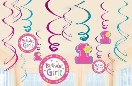 1st Birthday Girl Hugs and Stitches Hanging Swirl Decorations 12pc