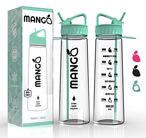 Mango Sports Water Bottle With Motivational Time Markings - BPA Free Plastic Sports Drinking Container With Flip Nozzle, Removable Straw And Leakproof Cap - Ideal For Running, Gym, Yoga, Camping And Outdoors - Adults & Kids