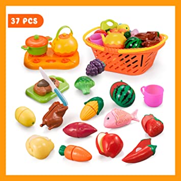 NextX Play Kitchen Food, Cutting Fruits and Vegetables Educational Toys, Pretend Toy Food Set for Boys and Girls, Toy Kitchen Accessories for Baby with Storage Market Basket