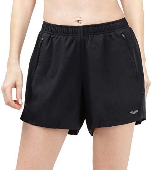 MIER Women's 5 Inches Workout Running Shorts Quick Dry Athletic Shorts with Zipper Pockets, Water Resistant, Black