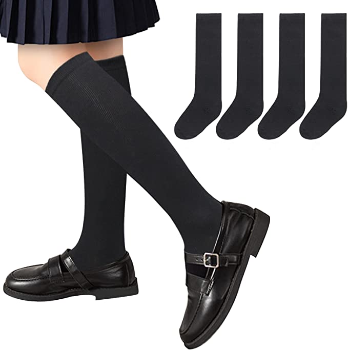 Mini Kitty 4 Pairs Girls Knee High Socks Toddler School Uniform Socks Cotton Knit Knee Socks for Girls Baby Boys Kids