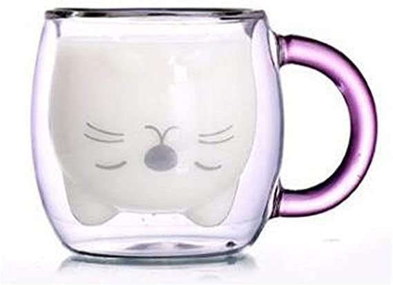 Cute Mugs Glass Double Wall Insulated Glass Espresso Cup, Coffee Cup, Tea Cup, Milk Cup (Purple Cat)