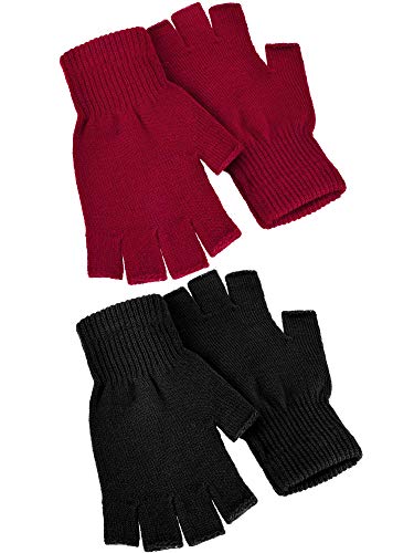 Satinior 2 Pair Unisex Half Finger Gloves Winter Stretchy Knit Fingerless Gloves in Common Size