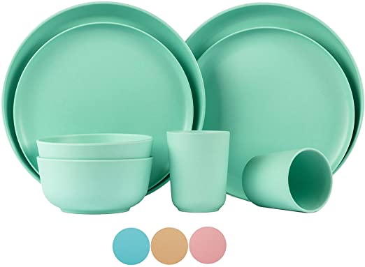 BAMBOO LAND Set for 2-person (8 PCS) /bamboo fiber dinnerware dishwasher safe, reusable dishes for dorm, Plate/bowl/cup set, Eco-friendly Stackable Bamboo Dinnerware Set (Green)