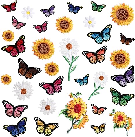 Yolev 35pcs Butterfly Embroidered Iron on Patches Sunflower Cute Sew On Applique Patches for Clothing Iron on Patches for Jeans Clothing Hats Bags Arts Crafts (Butterfly, Sunflower, Daisy)