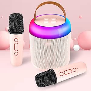 Kids Karaoke Machine, Portable Bluetooth Speaker with 2 Wireless Microphones, Dynamic Lights Karaoke Machine for Kids, Birthday Party Home, Outdoor(White) (Pink)