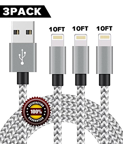 BULESK Lightning Cable 3Pack 10FT Nylon Braided Certified iPhone Cable USB Cord Charging Charger for Apple iPhone X, 8, 7 Plus, 6, 6s, 6 , 5, 5c, 5s, SE, iPad, iPod Nano, iPod Touch (Grey White)