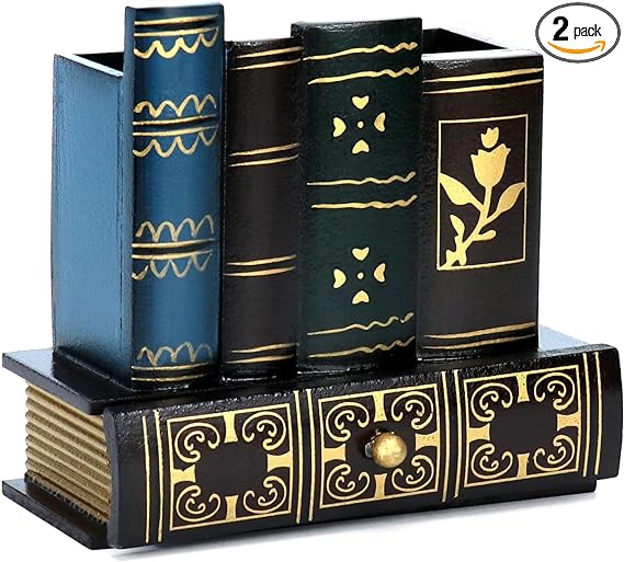 QWORK Decorative Antique Library Books Desk Organizer, Wooden Pen and Pencil Holder with Drawer, Decorative Home Office Study Living Room School Decor, 5.9" x 2.75" x 5.25", 2 Pack