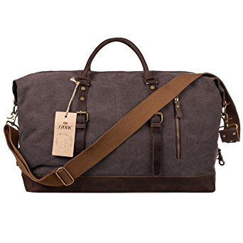 S-ZONE Oversized Canvas Genuine Leather Trim Travel Tote Duffel Shoulder Handbag Weekend Bag