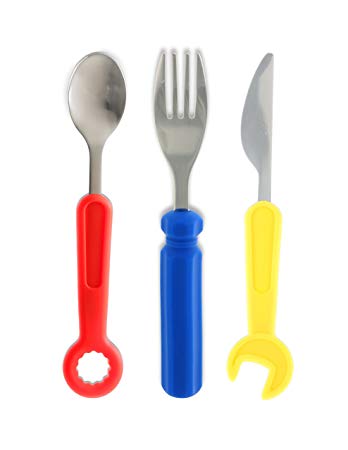 Toy Tools Kids Cutlery Utensils Set - Toddler Fork, Knife and Spoon with Ratchet, Screwdriver and Wrench - Stainless Steel Flatware with Soft Silicone Handles - By Yumkin Pie