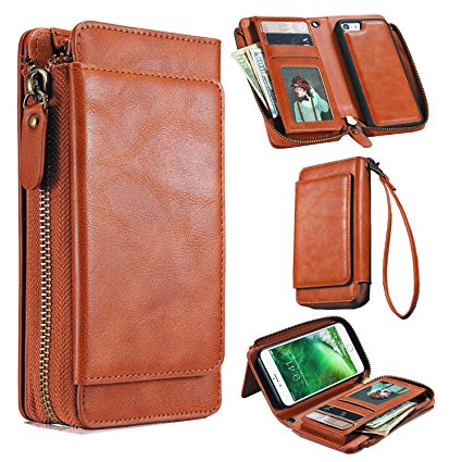iPhone 6/6S Wallet Case, Leather Zipper Purse Case Magnetic Detachable Large Storage Case 12 Card Slots 2 Cash Slots Handbag with Wrist Strap Card Holder for iPhone 6/6s Brown