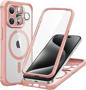 ESR Magnetic for iPhone 15 Pro Max Case [Compatible with MagSafe] Full-Body Military-Grade Drop Proof Phone Case for iPhone 15 Pro Max with Built-in 9H  Tempered Glass Screen Protector, Clear Pink