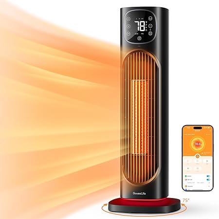 GoveeLife 24" Space Heater, 75° Oscillating Smart Electric Heater with Thermostat, WiFi APP & Voice Control, 4 Mode, 24H Timer, Night Light, 1500W Tower Ceramic Heater for Indoor Use, Large Room