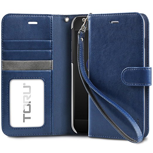 iPhone 7 Plus Case, TORU [Prestizio][Blue] Wallet Case - Synthetic Leather Wristlet Flip Cover with [Card Slot][ID Holder][Kickstand][Wrist Strap] for Apple iPhone 7 Plus - Navy