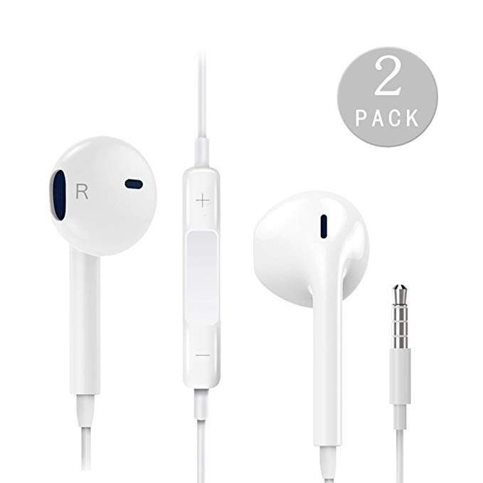 Loopilops Earphones with Microphone [2 Pack] Premium Earbuds Stereo Headphones and Noise Isolating Headset Made compatible iPhone iPod iPad - (White).