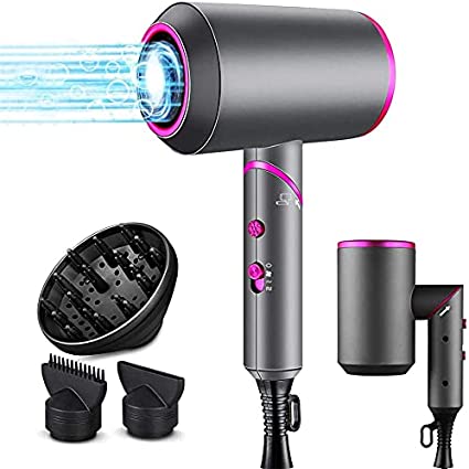 Hair Dryer, 1800W Professional Salon Negative Ionic Hair Blow Dryer with 2 Nozzles and 1 Diffsuer, Foladable Dryer with 3 Heats/2 Speeds/1 Cool Button Settings, Upgrade Safety Protection