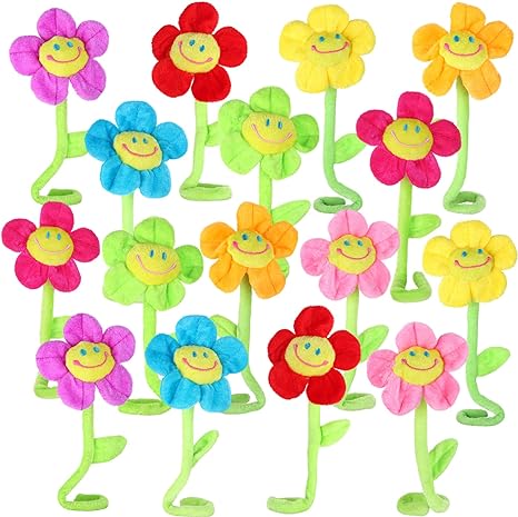 SUSHAFEN 16Pcs Artificial Plush Sunflower Daisy Flower Toy Bendable Curtain Buckle Tiebacks Birthday Wedding Party Gift Decor Fairy Wands Stick Performance Props Novelty School Prize Gifts