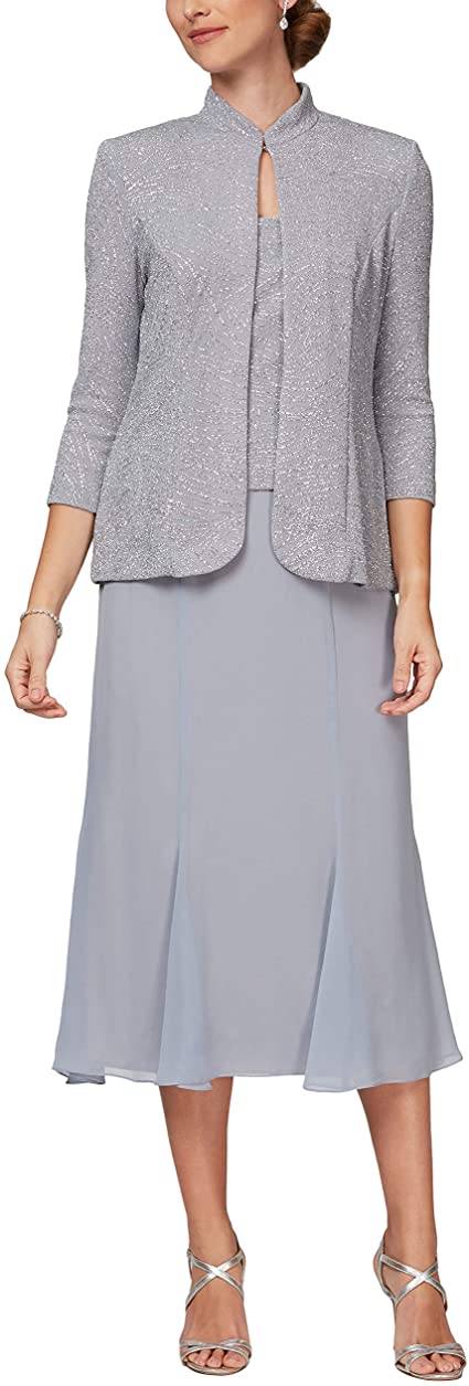 Alex Evenings Women's Tea Length Mock Jacket Dress with Mandarin Neck (Petite and Regular Sizes)