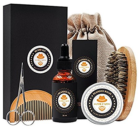 Mens gifts for Men Beard Care Grooming & Trimming Kit Unscented Bearded Oil Leave-in Conditioner   Mustache & Beard Comb Balm Wax Brush Barber Scissors for Styling Shaping & Growth