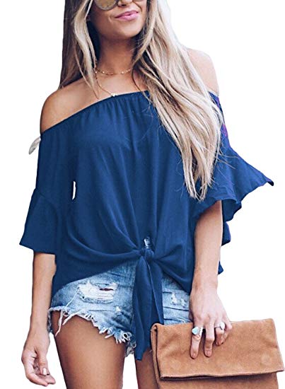 FARYSAYS Women's Striped 3/4 Bell Sleeve Off The Shoulder Front Tie Knot T Shirt Tops Blouse