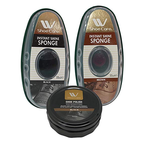 W Shoe Care Black Shoe Polish with Black, Brown Shoe Instant Shine Sponge for Natural and Synthetic Leather Shoes and Bags