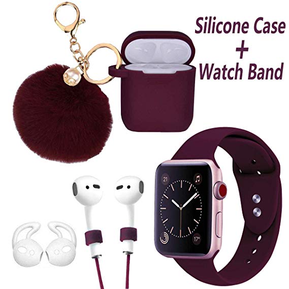 Airpods Case and Apple Watch Band - LitoDream 5 in 1 Case and Watch Band Compatible with Airpods Silicone Cute Glittery Case Cover with Keychain/Strap for Apple Airpod and iWatch (Burgundy,38mm/40mm)