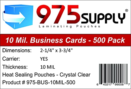975 Supply 10 Mil Business Card Laminating Pouches, 2.25 x 3.75 inches, 500 Pouches