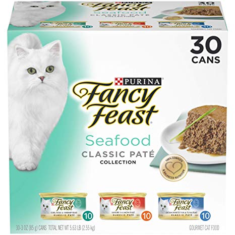 Purina Fancy Feast Grain Free Pate Wet Cat Food Variety Pack; Seafood Classic Pate Collection - (30) 3 oz. Cans