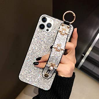 Guppy Compatible with iPhone 14 Pro Bling Stand Holder Case, Luxury Sparkle Bling Protector Cover with Stand Holder Hand Strap,Glitter Cute Bee Wrist Strap Kickstand Phone Case