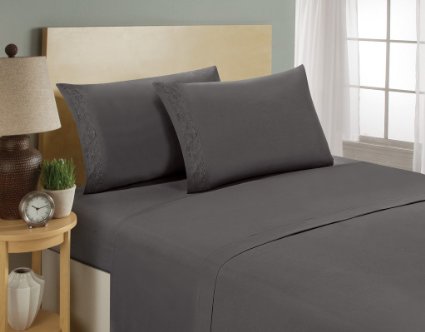 Premium 1800 King Quality Sheets Scroll Grey Brushed Microfiber 4 pc Linen Bedding Offers a Restful Nights Sleep by Bellerose