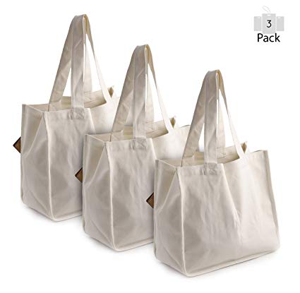PreserveNext Deluxe Reusable Cotton Canvas Grocery Tote Bag with Bottle Sleeves – Natural (3 Pack)