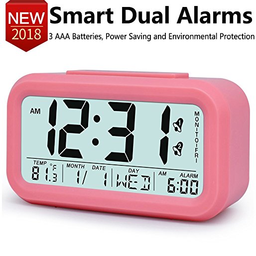 Digital Alarm Clock 5.3" Electronic Morning Desk Clock with Large LCD Display 2 Alarms, Snooze/Smart Nightlight, Calendar/Temperature, Battery Operated for Kids/Teens/Seniors/Bedside/Office, Pink