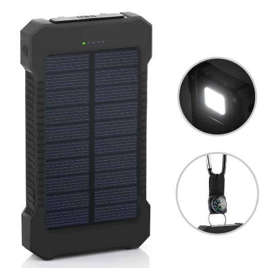 Solar Charger, 10000mAh Solar Power Bank with Dual USB, External Backup Battery Pack Solar Panel Charger for iPhone and Android Cellphones (Black)
