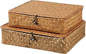 Flat Seagrass Storage Basket Bins with Lid - Set of 2 Wicker Baskets Bins Rectangular Woven Baskets Box Home Organizer Bins for Shelf Organizing, Large Size 13"x11"