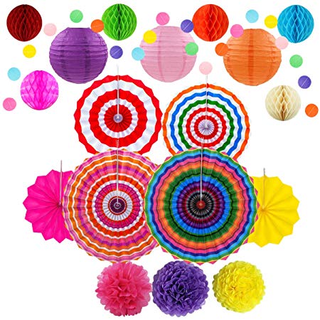 Fiesta Party Decorations, Paper Fans, Pom Poms， Lantern and Rainbow Party Supplies for Birthdays, Cinco De Mayo, Festivals, Carnivals, Graduation by Storystore (20 PCS style2)