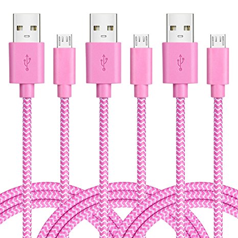iSeeker Bundle of 3 Durable 6.6ft/2m Nylon Braided Tangle-Free Micro USB Cable for Android, Samsung, HTC, Motorola, Nokia and More(Pink)