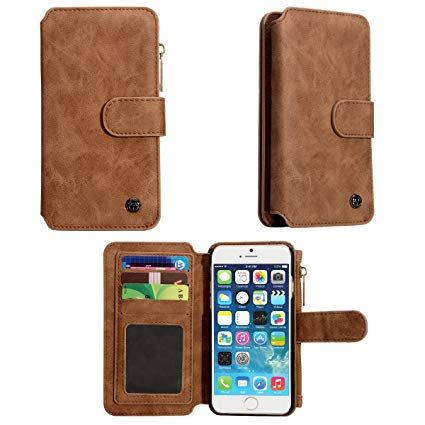 iPhone 6S Case, Apple iPhone 6 S Wallet Case , TILL(TM) 2 in 1 PU Leather Carrying Zipper Flip Cover [Cash Credit Card Slots Holder] Detachable Magnetic Folio Slim Protective Hard Case Shell [Brown]
