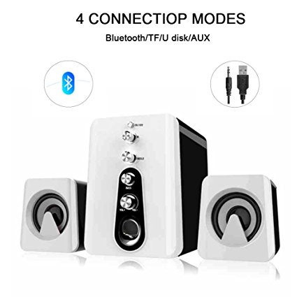 Desktop Speaker 2.1 Wireless Bluetooth V4.0 Speaker with High Definition Sound, 3.5MM Aux, Volume Control for PC, IPAD, Mobile Phone, TV Sound Perfect for Indoor Use (White)