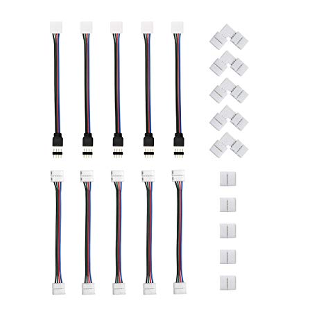 5050 4 Pin LED Strip Connector Kit - 10mm RGB LED Connector Kit includes 5x Strip to RGB Controller Jumper, 5x LED Strip to Strip Jumper, 5x L Shape Connectors, 5x Gapless Connectors