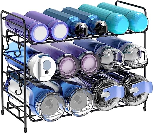 Mefirt Water Bottle Organizer, 3-Tier Water Bottle Organizer for Cabinet, Tumbler Travel Cup Holder, Pantry Kitchen Stackable Storage Rack for Shaker Bottle, Baby Bottle, Wine, Can, Cup, Drying Rack