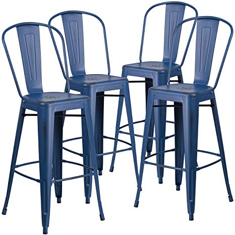 Flash Furniture 4 Pk. 30'' High Distressed Antique Blue Metal Indoor-Outdoor Barstool with Back