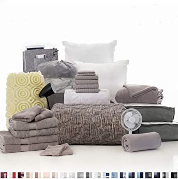 OCM College Dorm Room Essentials 27-Piece Varsity Collection, Twin XL, Bedding, Bath, Storage and More in Callum Gray, Washed Gray Quilt with Geometric Stitching, Striped and Solid Gray Sheets