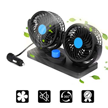 IMOOCARE Fan Car 12V Electric Car Fan - 2 Speed Adjustable Auto Cooling Air Fan 360 Degree Rotatable Double Head for SUV/RV Vehicles